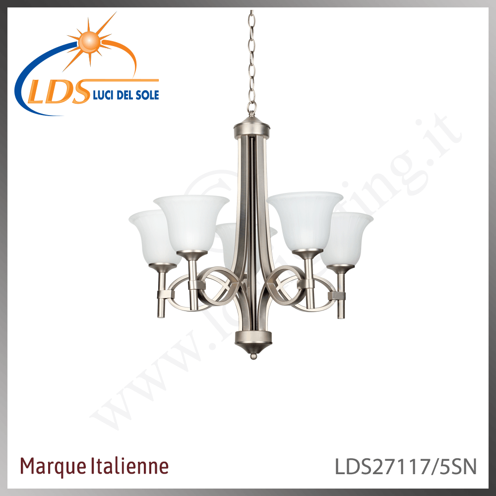 Suspension décorative 5 lampes – 5× douille E27 – en verre – finition nickel satiné