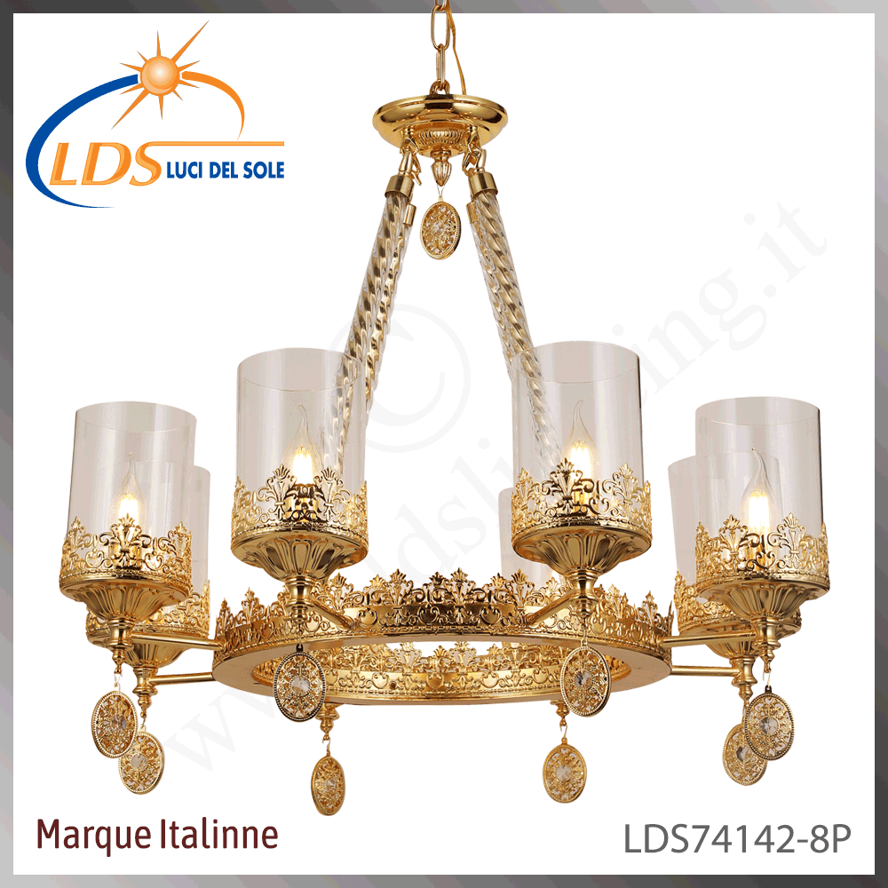 Suspension décorative 8 lampes – 8× douille E14 (petit culot) – en verre – finition or –…